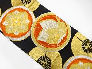 アンティーク　蝶に華紋・三ツ扇模様織出し袋帯（着用可）